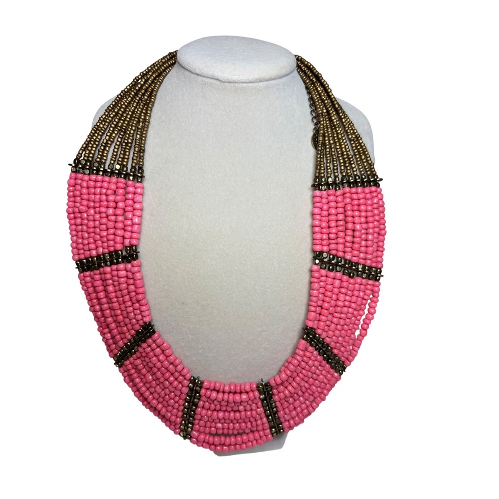 ALDO Pink Seed Bead Multi Strand Statement Bib Necklace Antique Gold Tone